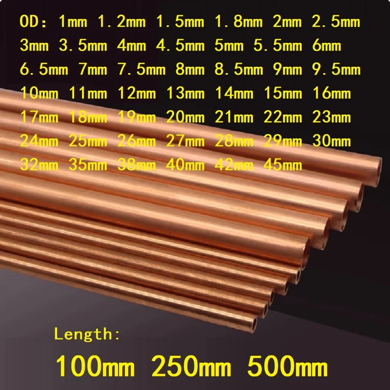 1PC Copper Tubes Pipe Straight Metal Pipes Outer Diameter 1-23 24 25 26 27 28 29 30 32 35 38 4045mm Length 100 250 500mm