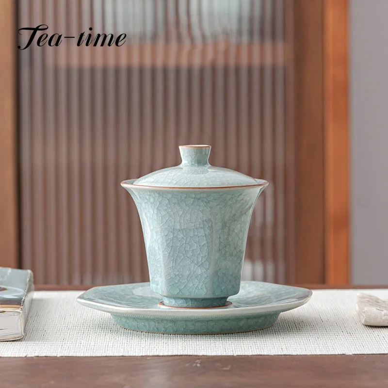 

140ml Boutique Ru Kiln Ceramic Tea Tureen Opening Ice Cracked Glaze Cover Bowl Tea Maker Gaiwan Household Kung Fu Tea Set Gifts