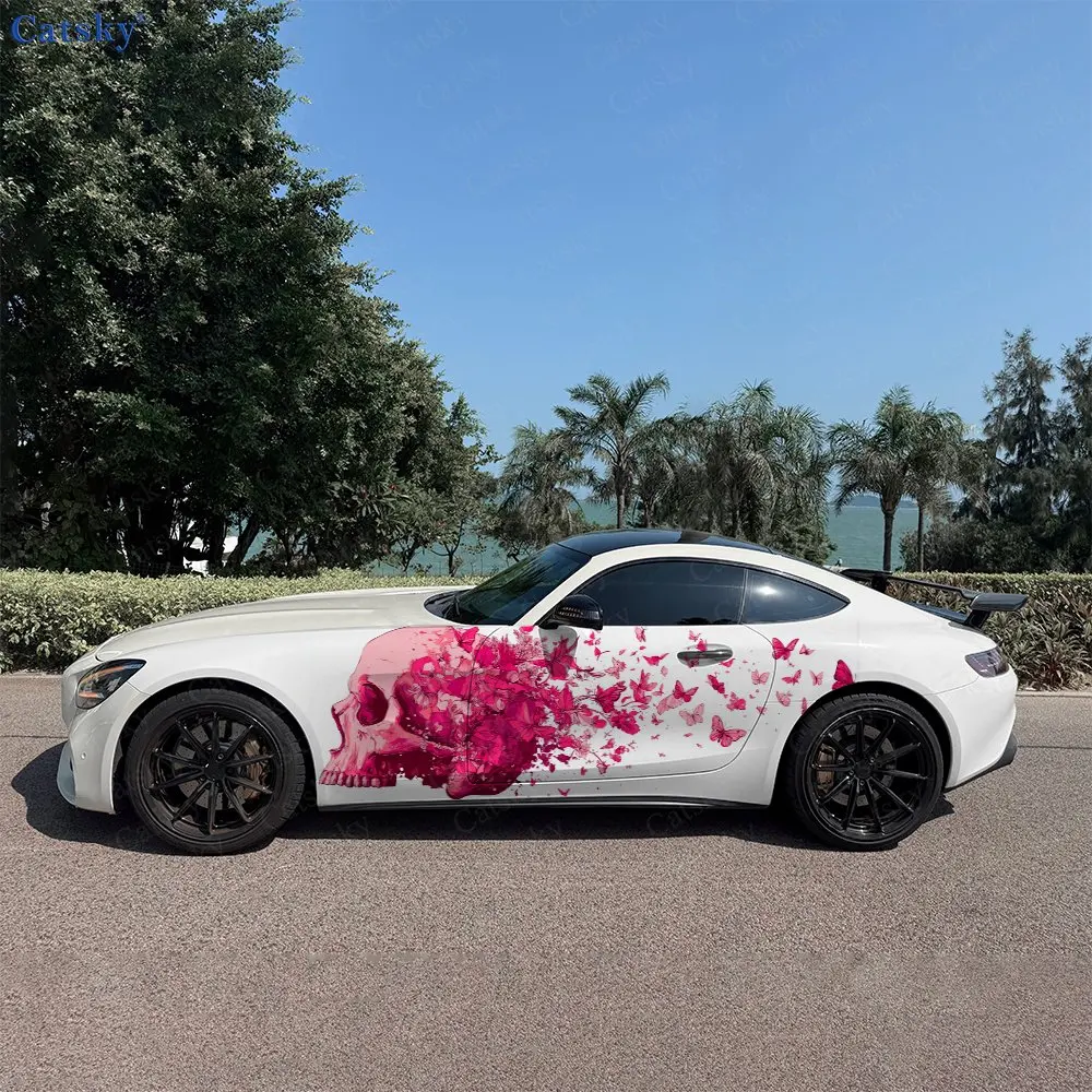 2pcs Pink Butterfly And Pink Skull Pattern Stickers Car Body Door Side Two Fashionable Stickers Two Decorations Car Vinyl Wraps