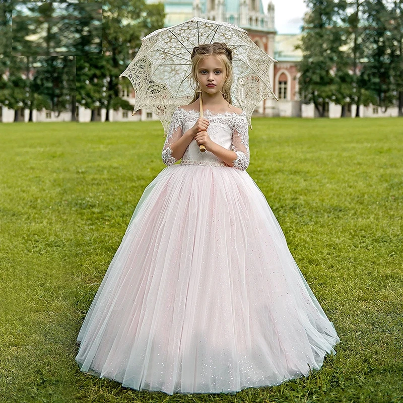 Elegant Flower Girl Dress For Wedding Off Shoulder Tulle Puffy Sequins Lace Host Piano Performance First Communion Birthday Gift