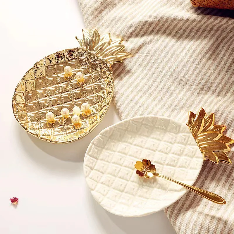 Ceramic Pineapple Jewelry Tray Golden White Fruit Shape Decorative Dish Ring Necklace Storage Plate Home Dessert Snack Display