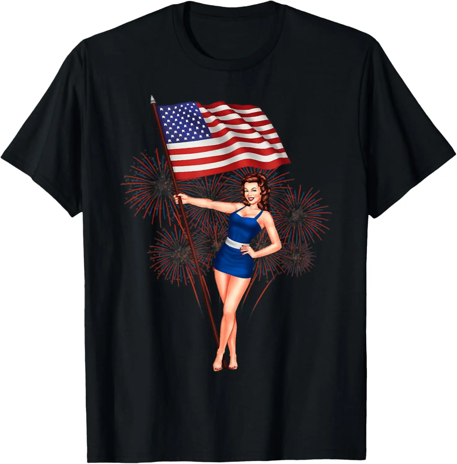 

Happy 4th of July Pinup Girl, USA Flag Patriotic Fireworks T-Shirt