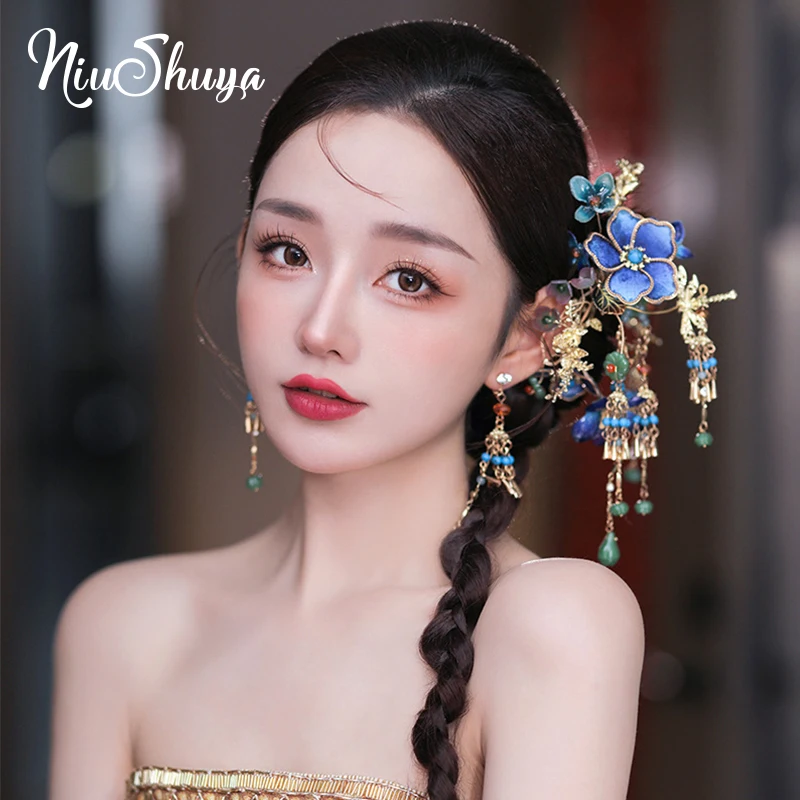 

NiuShuya Super Fairy Retro Chinese Hanfu Blue Flower Costume Hair Accessories Nice Hairpin Set Jewelries