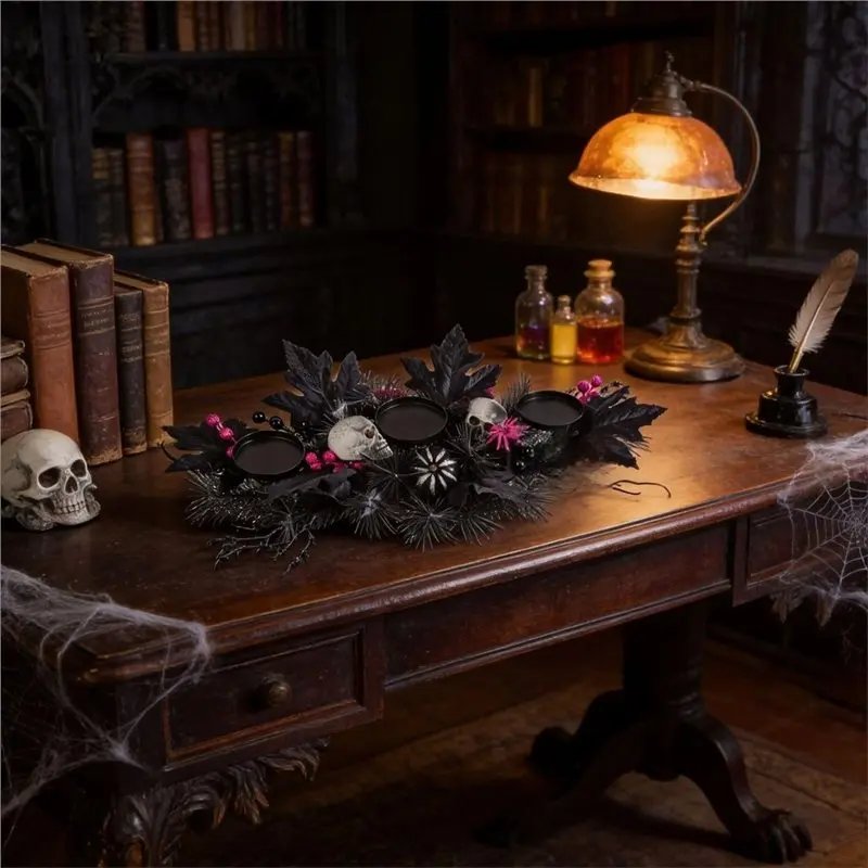 YANA50I Halloween Skull Candle Holder Centerpiece 3 Pillar Candleholder Black Maple Leaves Spooky Table Decor Without Light