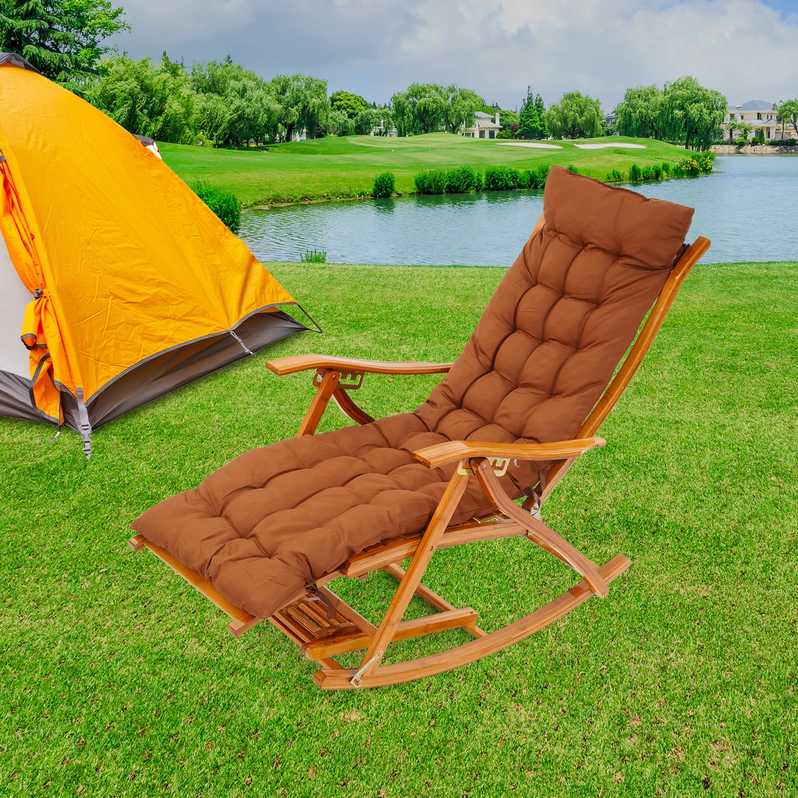 

Кресло-качалка, бамбуковое кресло-качалка, складное кресло для отдыха с регулируемым подлокотником и подставкой для ног для балкона, кемпинга, сада