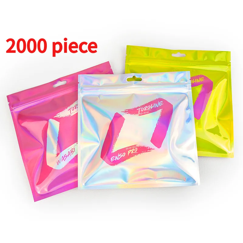 

20 00piece.Custom.holographic laser Zipper Pouch gloss finished custom reclosable packaging bag metallic 3 side sealed food Plas