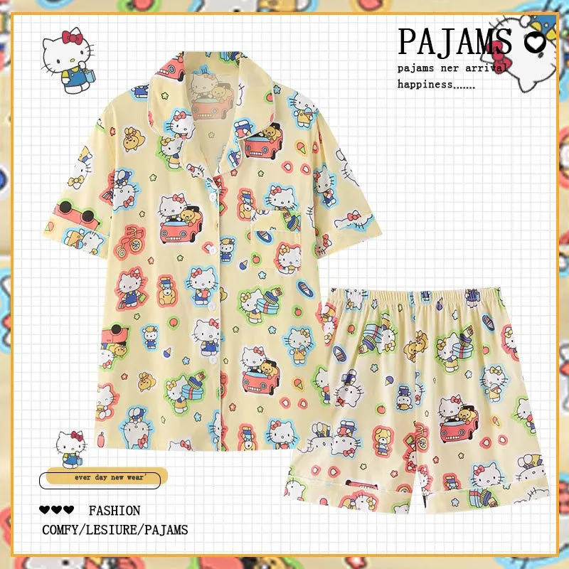 

Sanrio Cartoon Kitty Melody V-Neck Short Sleeve Top and Shorts Two-Piece Set Summer Pure Cotton Sleepwear Set Homewear