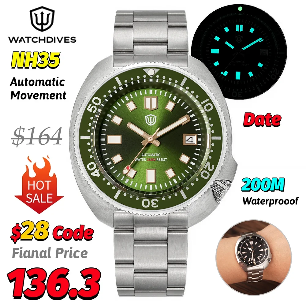 

Watchdives WD6105 V2 Turtle Dive Watch Man NH35 Automatic Mechanical Watches 200M Waterproof Sapphire Stainless Steel Watches