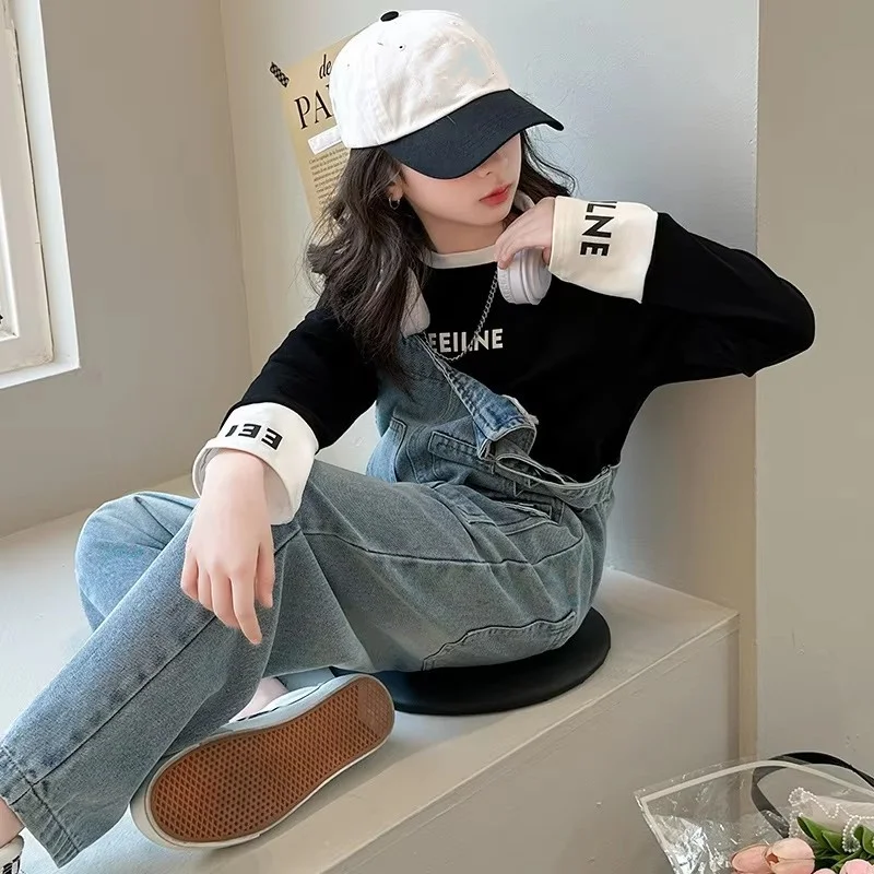 Spring Kids Overalls Slim Trousers Girls Suspender Bib Denim Pants Teenage Jeans Jumpsuit Clothes Children Clothing 5-14Years