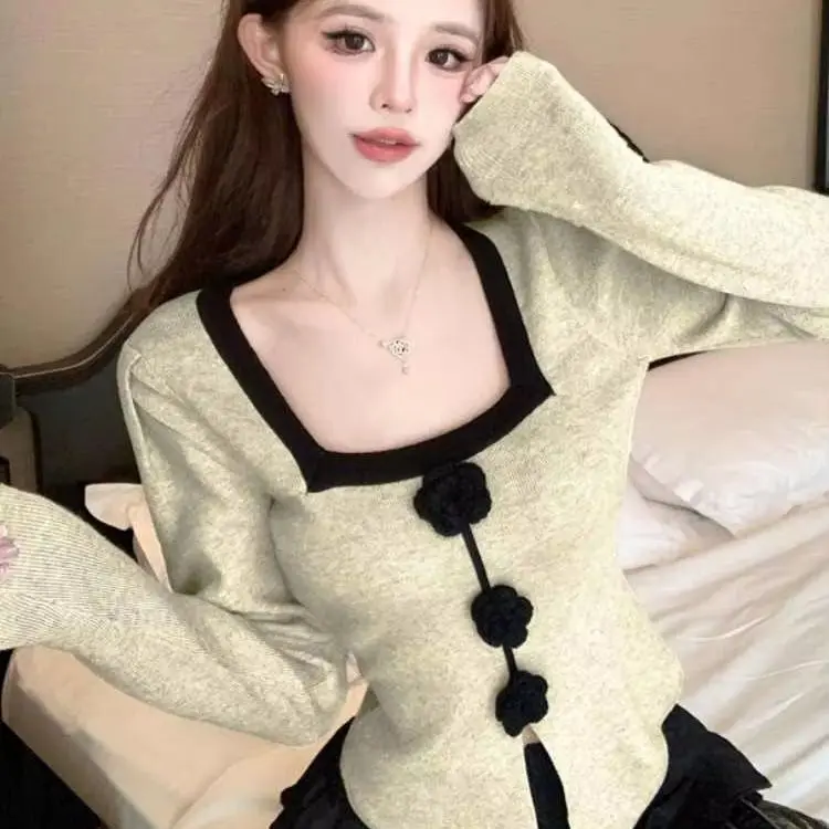 

French Knitted Sweater Small Fragrant Square Collar Western Style Women Autumn Irregular Color Matching Versatile Slim Fit Top