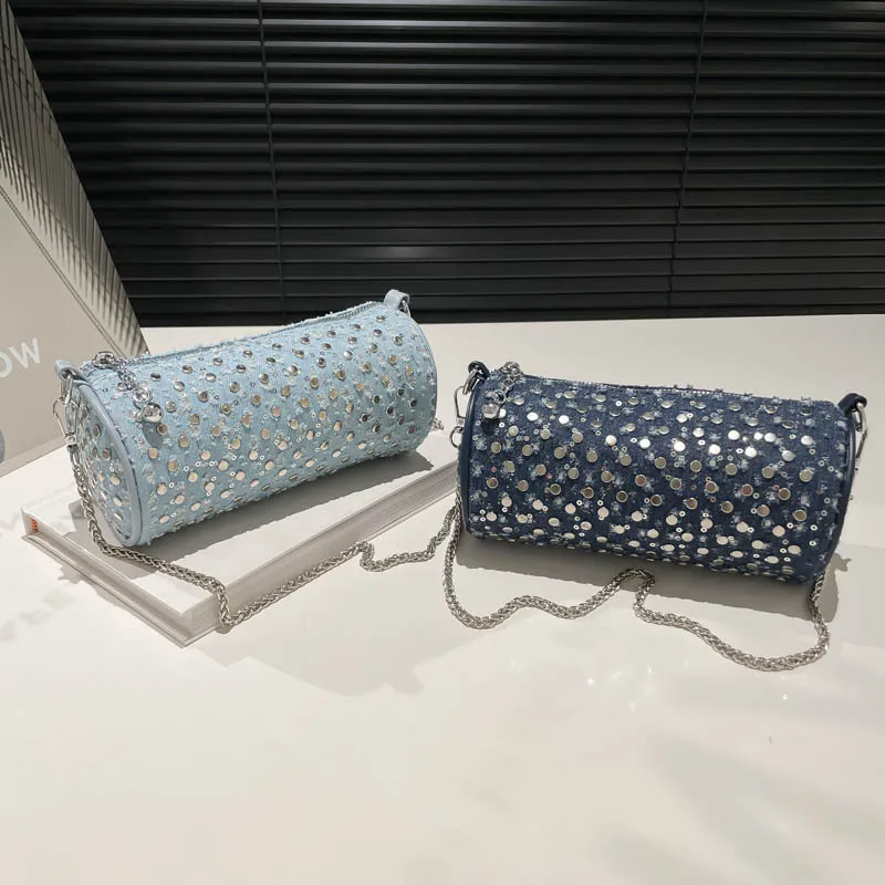 

Синяя джинсовая сумка-цилиндр с заклепками для женщин, трендовая сумка 2023 года с блестками, повседневные сумки на плечо, модная универсальная сумка через плечо с цепочкой