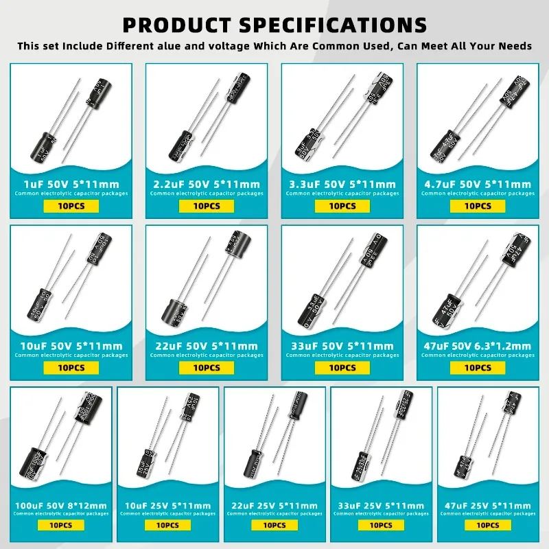 520Pcs 26Values Total Electrolytic Capacitor Assortment Kit，20 Pieces of Each Value Range 50V/25V/16V1uF To 1000uF Capacitor Kit