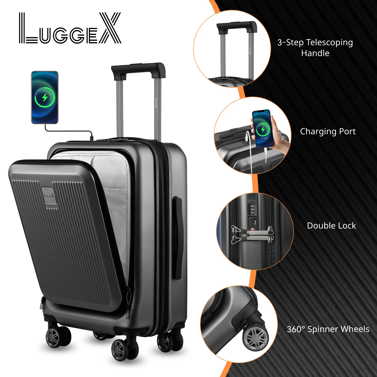 LUGGEX Carry on Luggage 22x14x9 Airline Approved, PC Hard Shell Suitcase with Front Pocket, Expandable Luggage