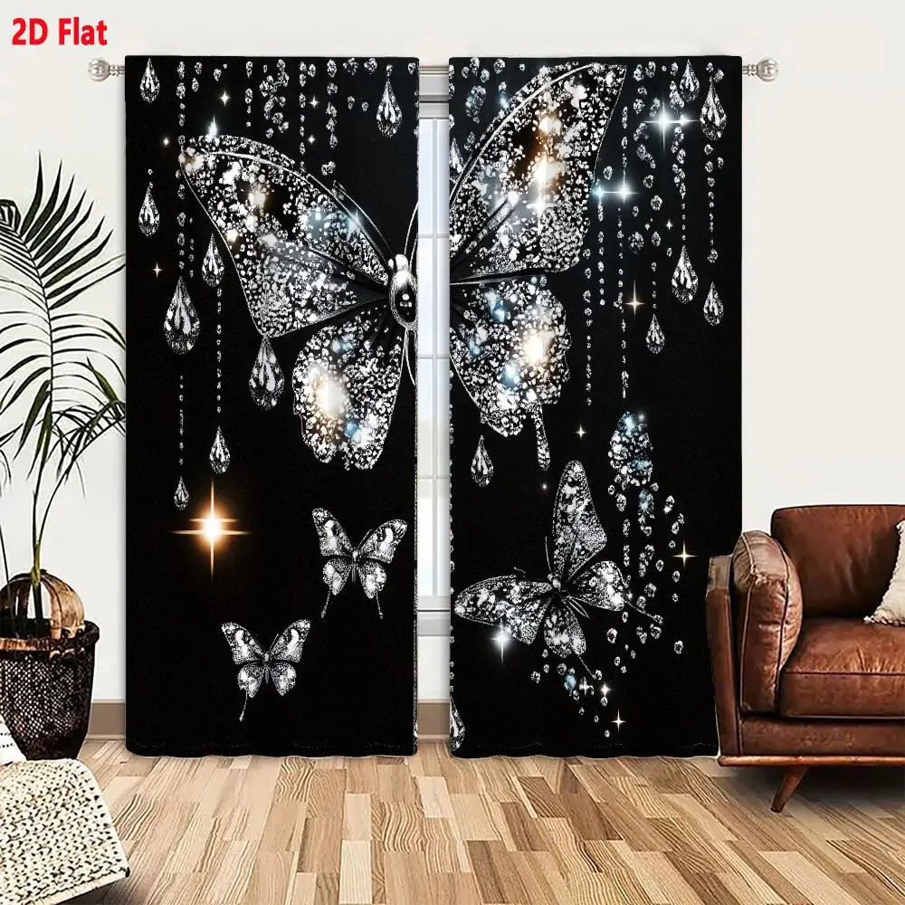 2Pcs Curtains 2D Flat Black Background Glittering Crystal Butterfly Ornament with Teardrop Elements and Small Sparkles Window Dr