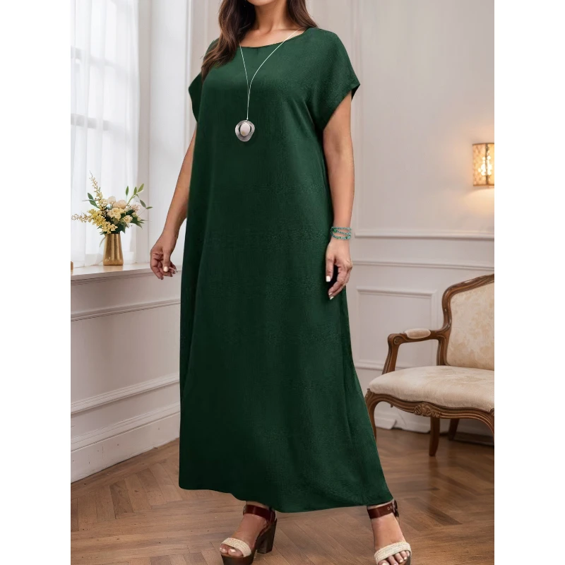 

Elegant Women's Plus Size Summer Long Dress Large Size Fashion Casual Simple Solid O Neck Short Sleeve Dresses Sundress Female