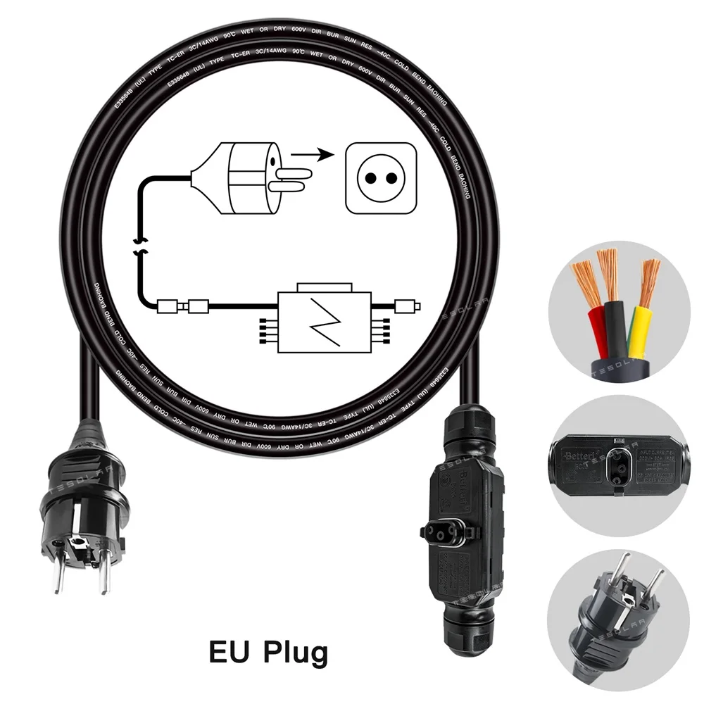 2 Meter Extension Cable With EU Plug With BC01 Connector BC05 Connector Two Type Female AC Connector 14AWG UL TUV For Inverter