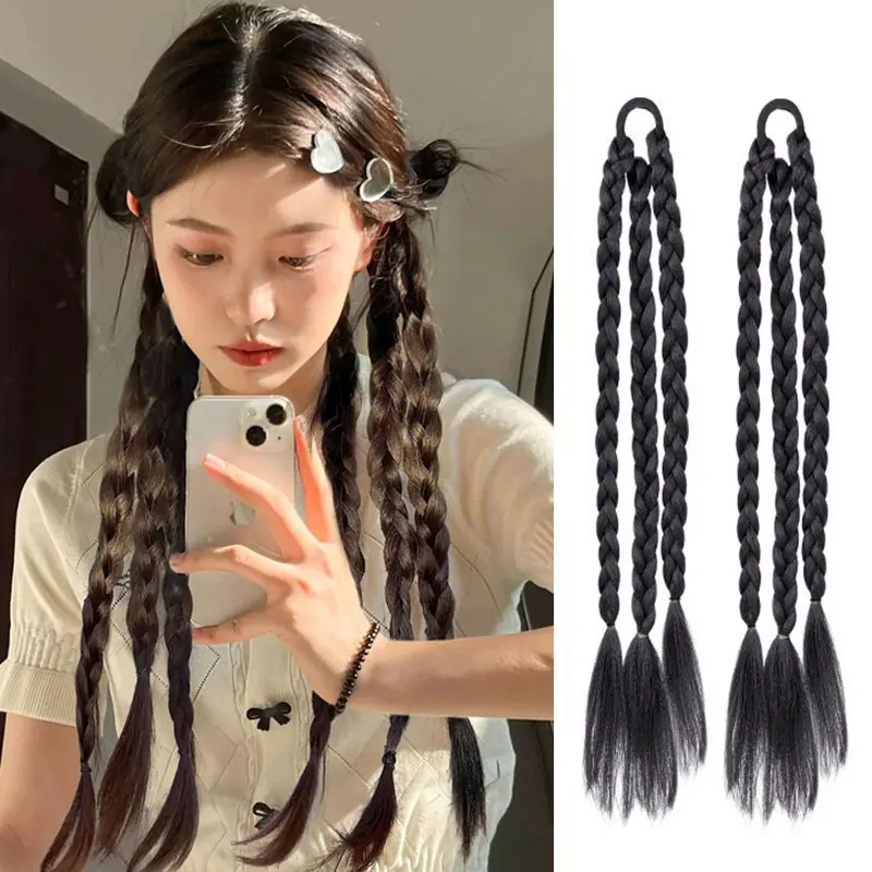 

2 PCS Ponytail Extension with Hair Tie 22 Inch Three Twist Braided Hair Rope Soft Synthetic Hairpieces for Women Girl Daily Wear