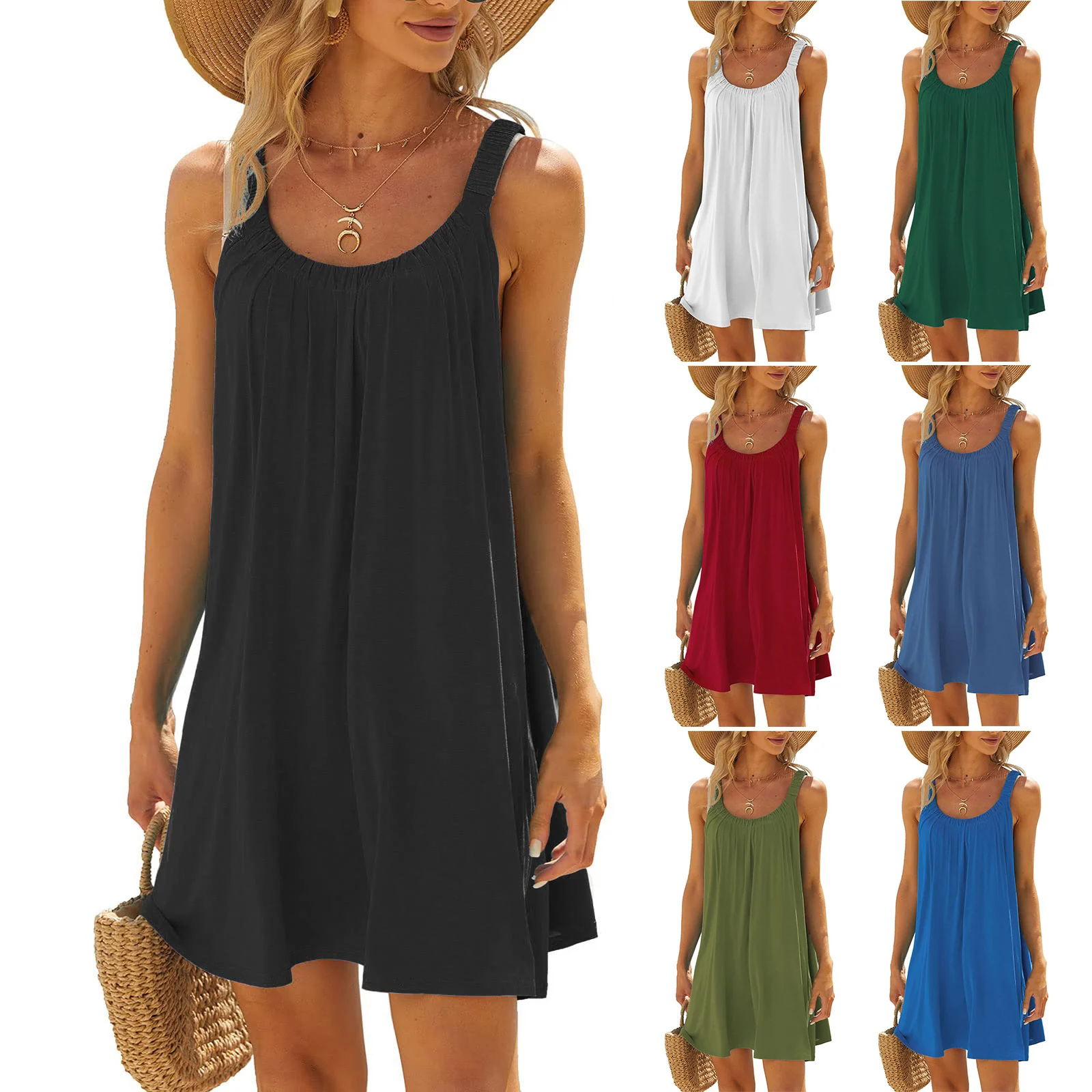 Summer Beach Dress Women 2023 Sleeveless Round Neck Bohemian Casual Loose Sundress Female Solid Color Dress Holiday Vestidos