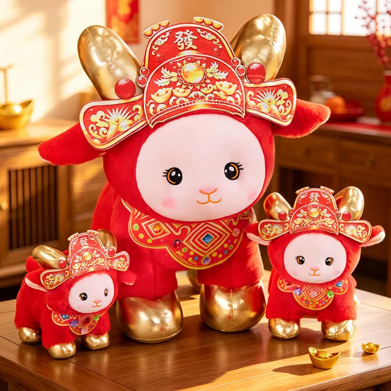 Festive Red Fortune Sheep Plush Toy God‑of‑Wealth Hat Design Spring Festival Mascot Stuffed Doll Lucky Home Decor Holiday Gift