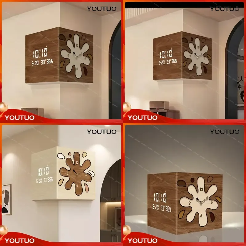 Wooden Style Living Room Corner Clock High-end Double-sided Wall Clock Home Decoration Calendar Electronic Clock
