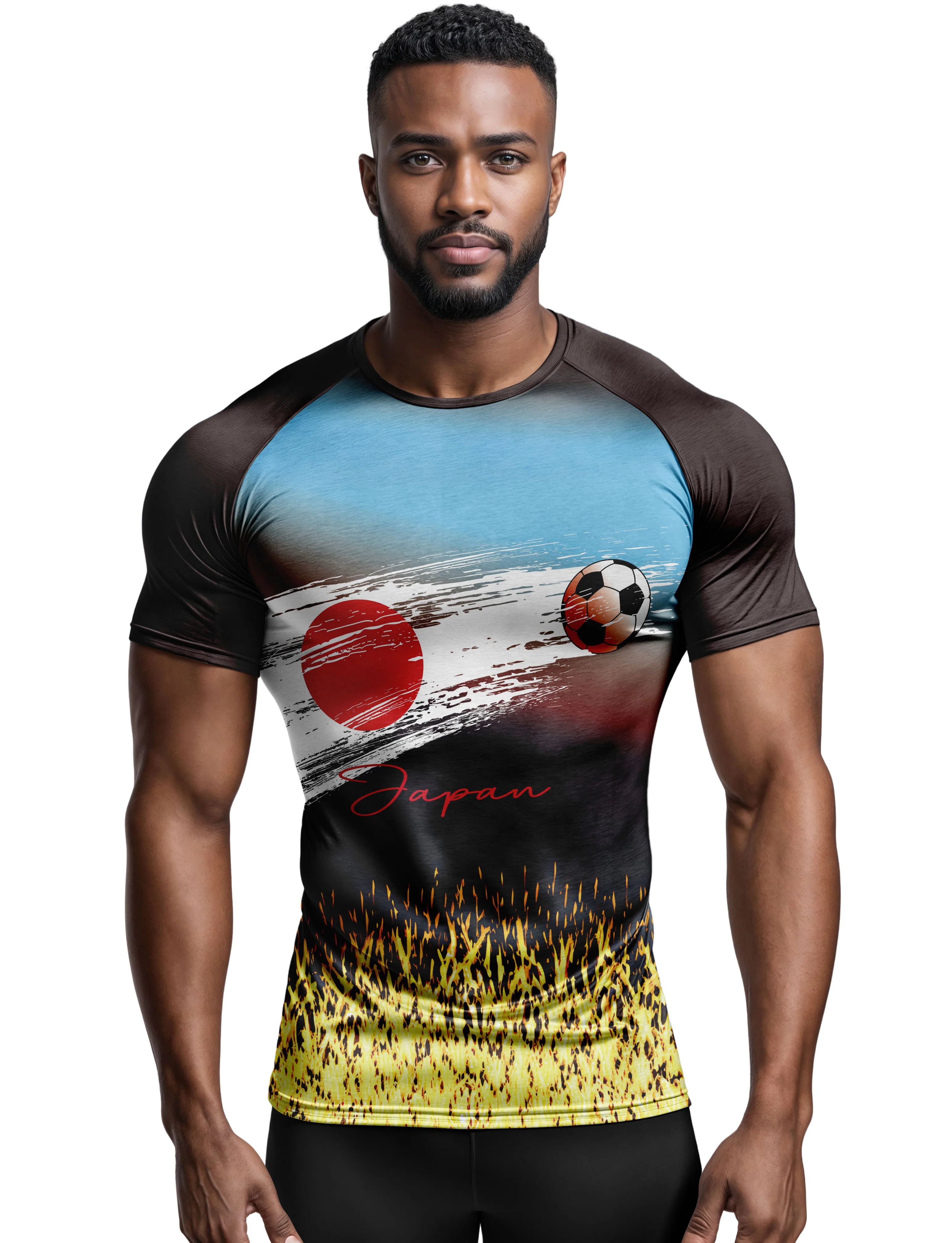 Men Sports Short Sleeve T-Shirt Quick Dry High Elastic Japan Football Print Breathable Slim Fit Training Top
