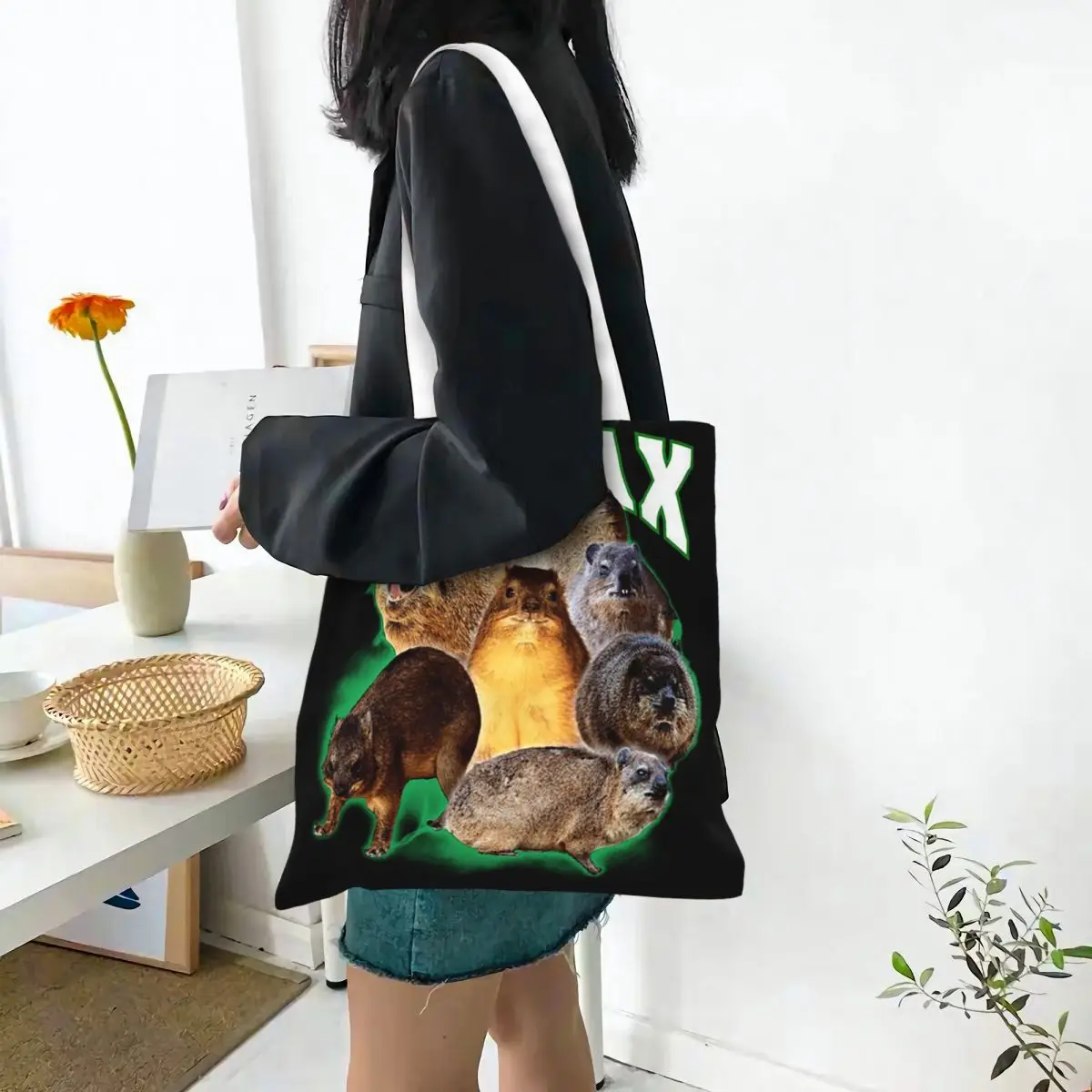 Cute Rock Hyrax Shopping Bags Canvas The Tote Bag Folding for Girls Shoulder Tote Travel Handbag