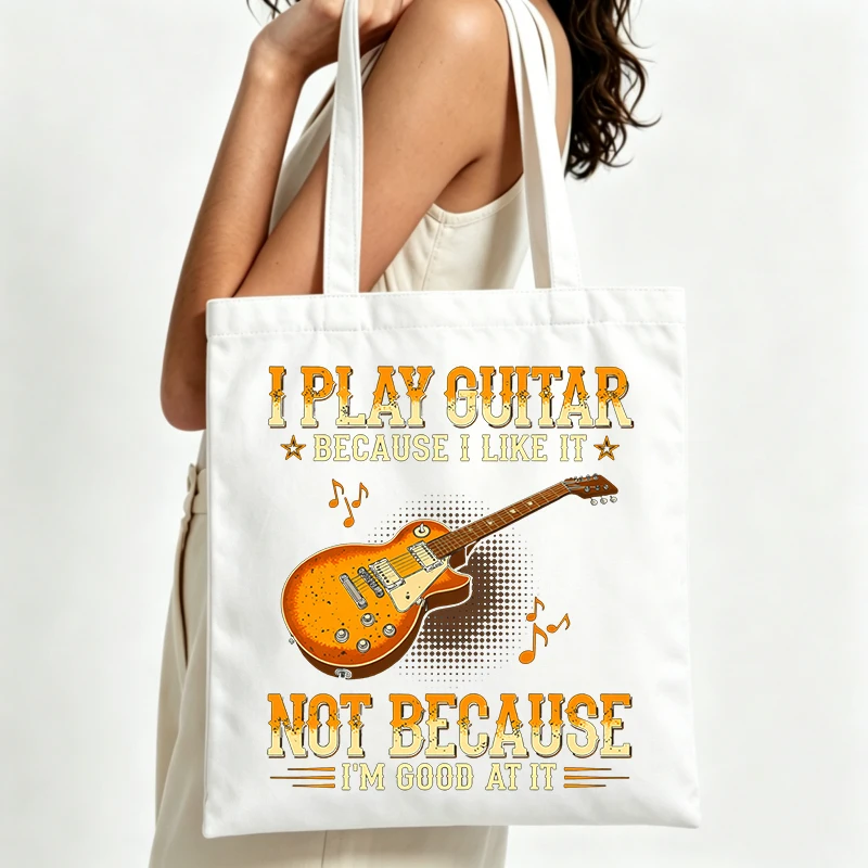 guitar and music note graphic canvas tote bag with slogan-style print, retro casual for daily use and music events