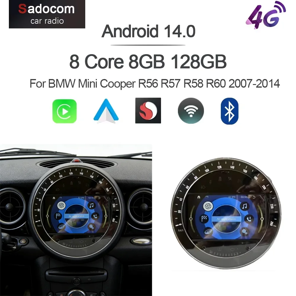 

IPS 720P CarPlay 9" Android 14.0 Car Multimedia Player 4G 64G DSP Stereo For BMW Mini Cooper R56 R57 R58 R60 2007-2014 Car Radio