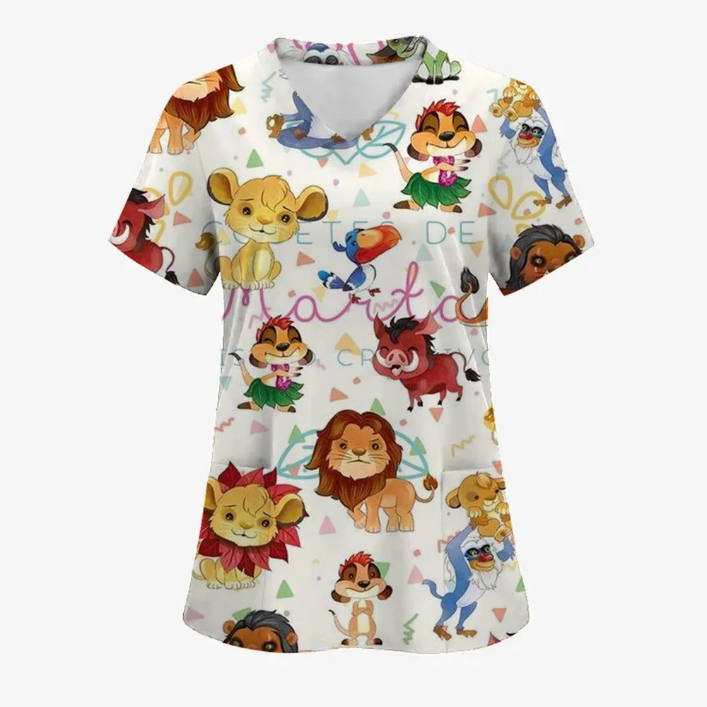 المرأة العمل موحدة طباعة الكرتون الأسد الملك قصيرة الأكمام الخامس الرقبة القمم فام بلوزة ممرضة ملابس العمل الزي الطبي