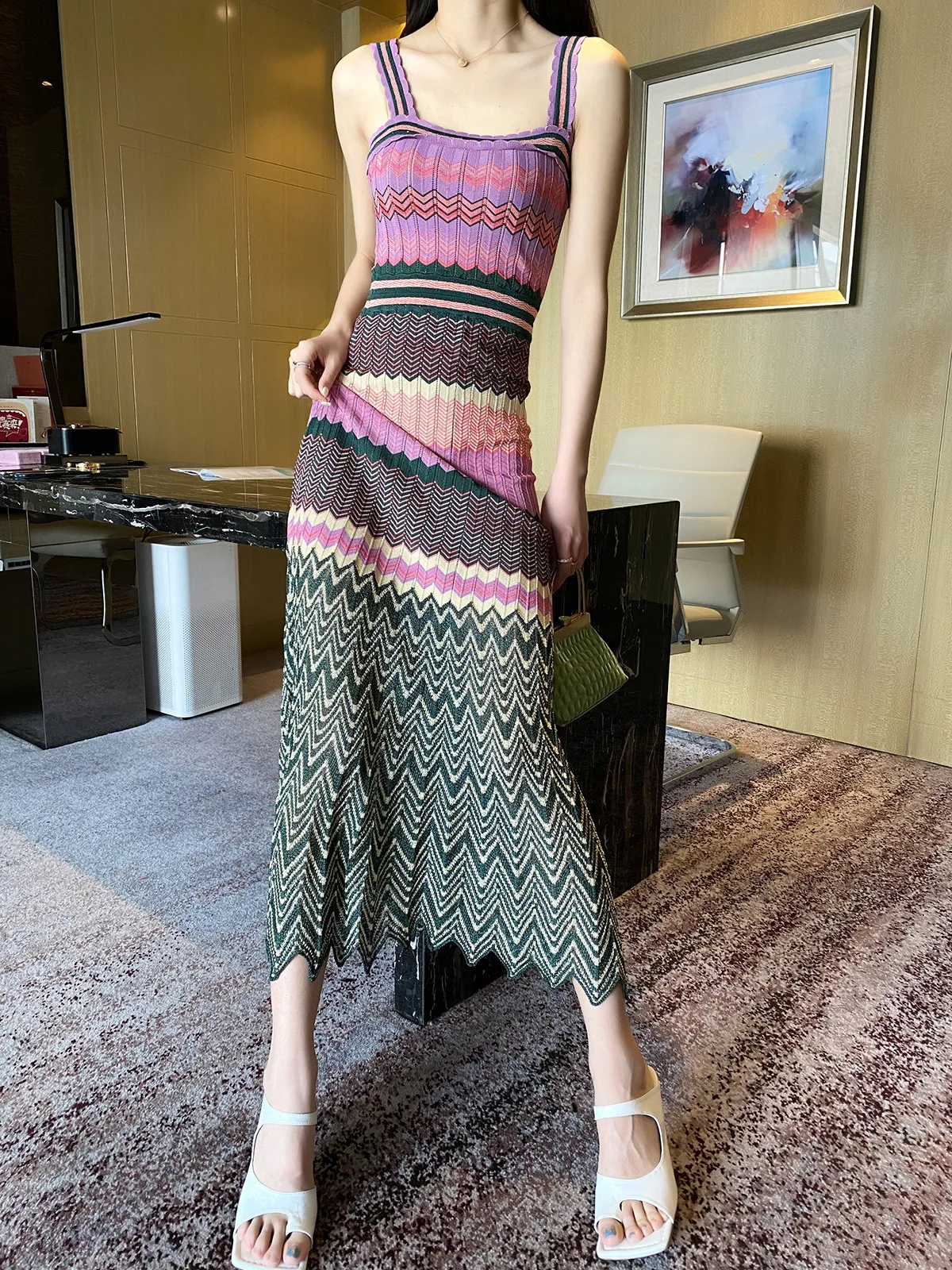 Brand S 2024 Stretchy Knitted Midi Dress for Women, Multi Color Patchwork Pleated Bodycon High Quality Skirt