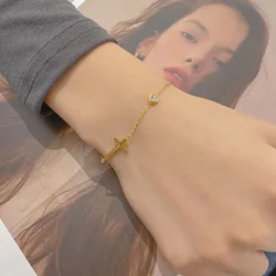 Simple Single Chain Bracelet for Women Fancy Cross Charm with Shiny CZ Fashion Versatile Female Hand Jewelry Wholesale