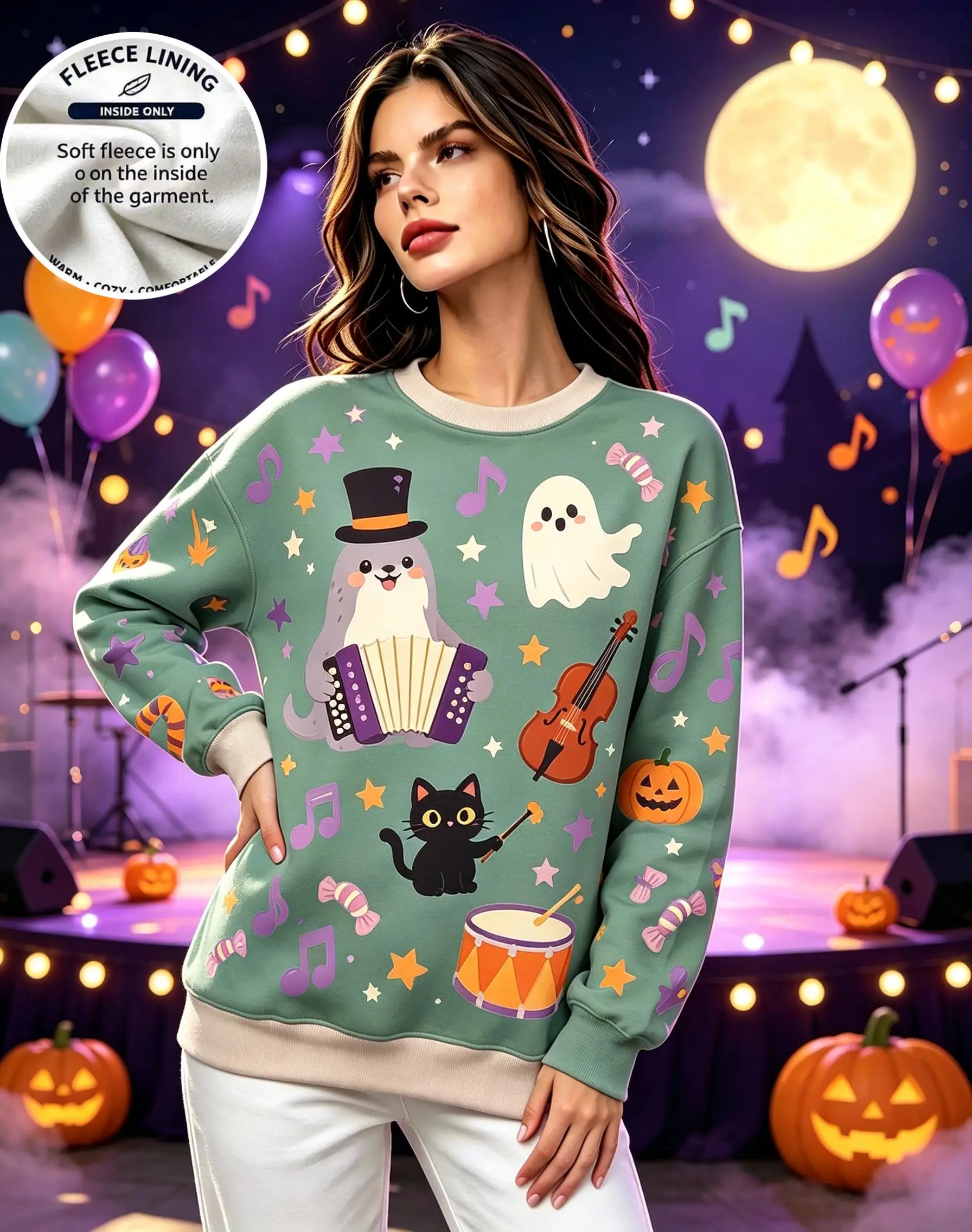 Women Fleece Lined Crew Neck Sweatshirt Cute Halloween Animal Band Ghost Cat Music Note Print Long Sleeve Casual Pullover Tops