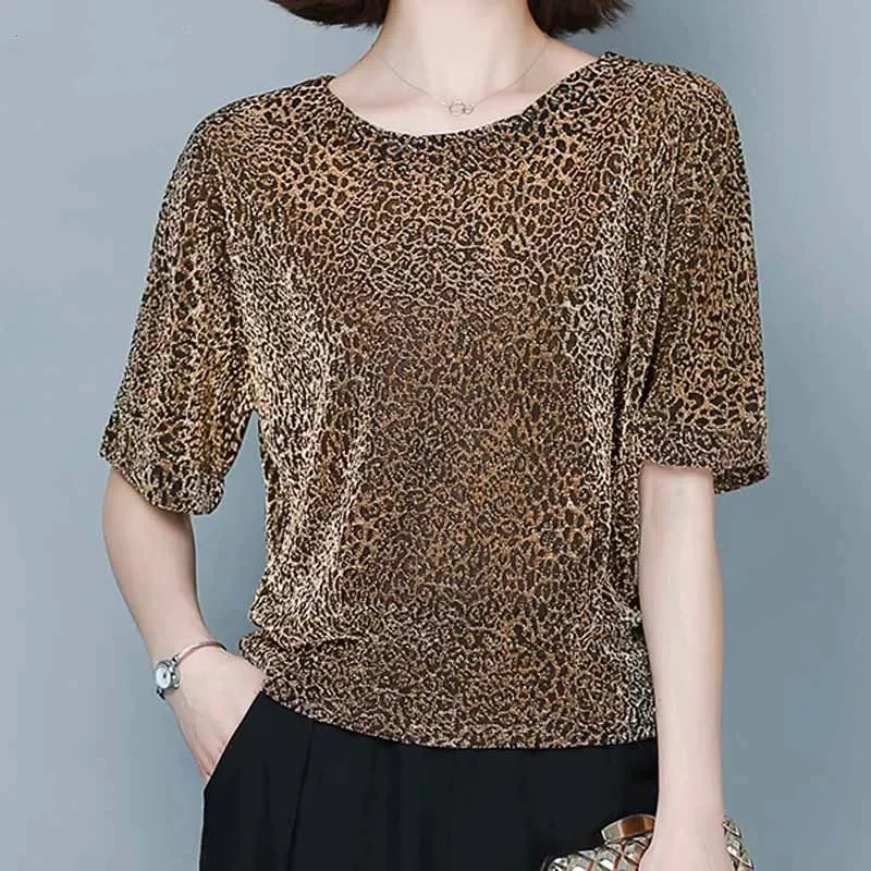 Fashion Summer Women T-shirt O-neck Elegant Shine Glitter Tops Short Sleeve Casual Blouses