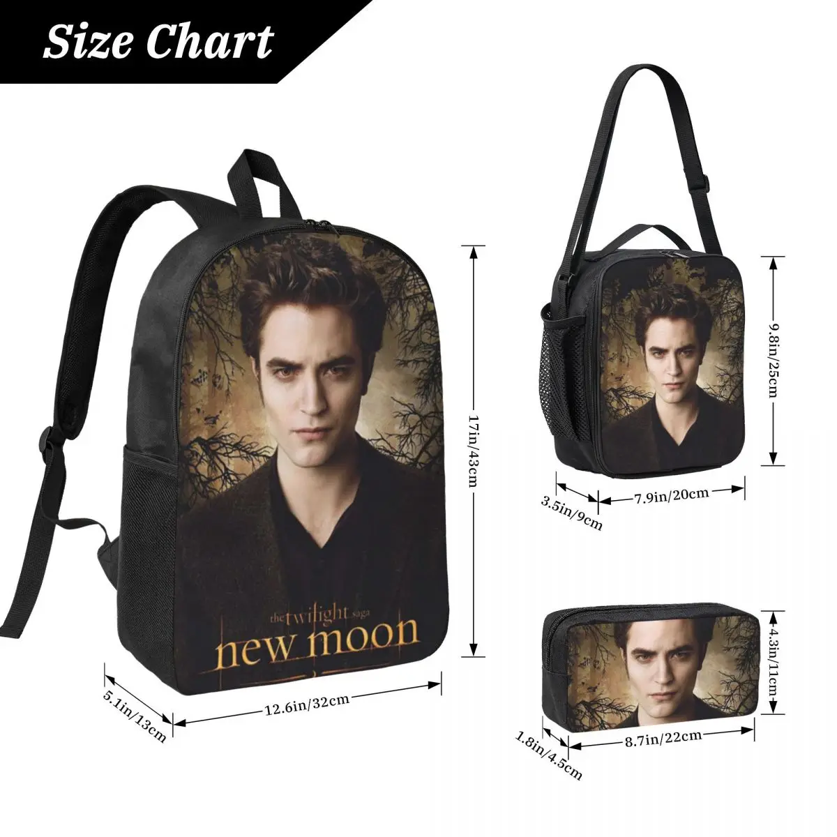 The Twilight Saga Edward Cullen Backpack Boys Girls BookBag School Bag Laptop Shoulder Bags 3ps Insulated Lunch Bag Pencil Case