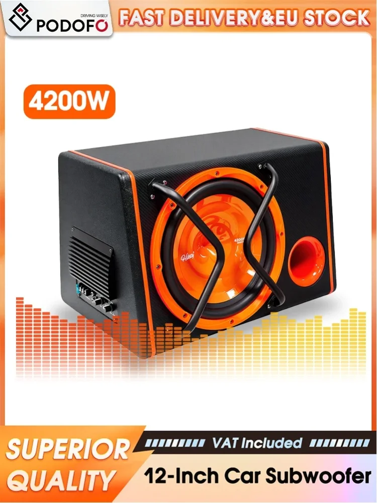 Podofo 12-calowy subwoofer samochodowy typu bandpass o dużej mocy 4200W z wbudowanym wzmacniaczem, głęboki bas, głośnik stereo, kompletny zestaw z kablem audio, obudowa audio samochodowa do — 2