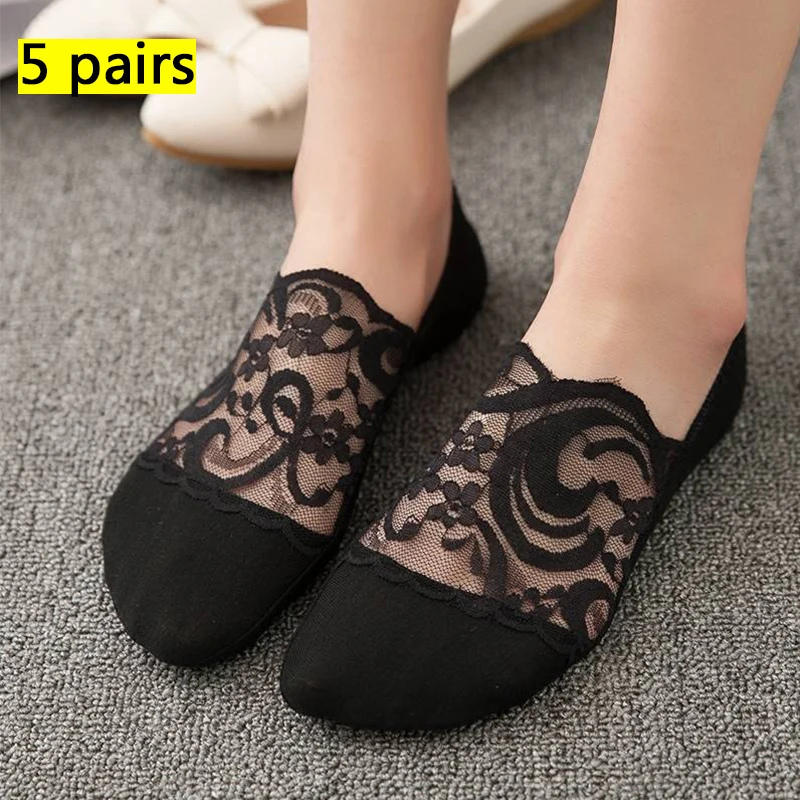 5 Pairs/Lot Socks Women's Lace Invisible Transparent Summer No-Show Ankle Short Low Cut Black White Set  Silicone Non-Slip Boat