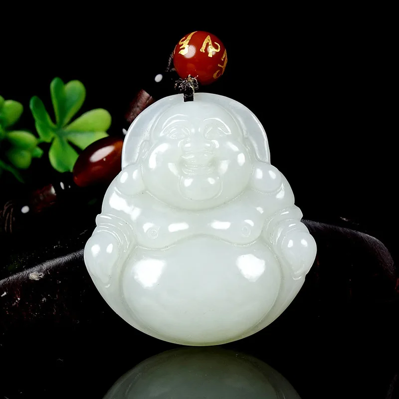 

Ювелирные изделия из натурального нефрита Хэтянь, белый нефрит, кулон «Смеющийся Будда» для женщин - большой живот, Будда Майтрейи, общественный нефрит P