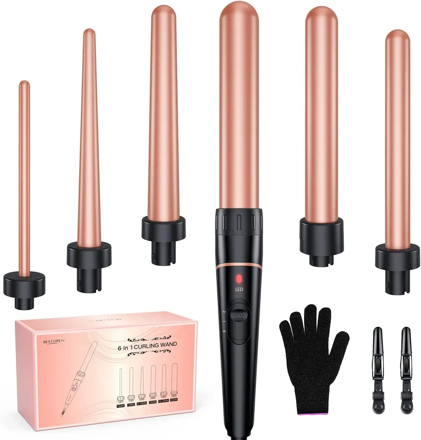 

Long, Stylish, Professional 6 in 1 Curling Wand Set with Ceramic Barrel for Long/Medium Hair - Create Gorgeous Curls and Waves,