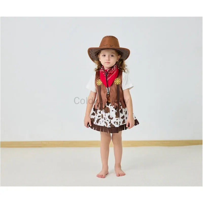 Halloween Clearance Girls Cowgirl Costume Kids Western Cowboy Fancy Dress Set Fringe Vest Bandana Cow Print Skirt Birthday Dress view 4