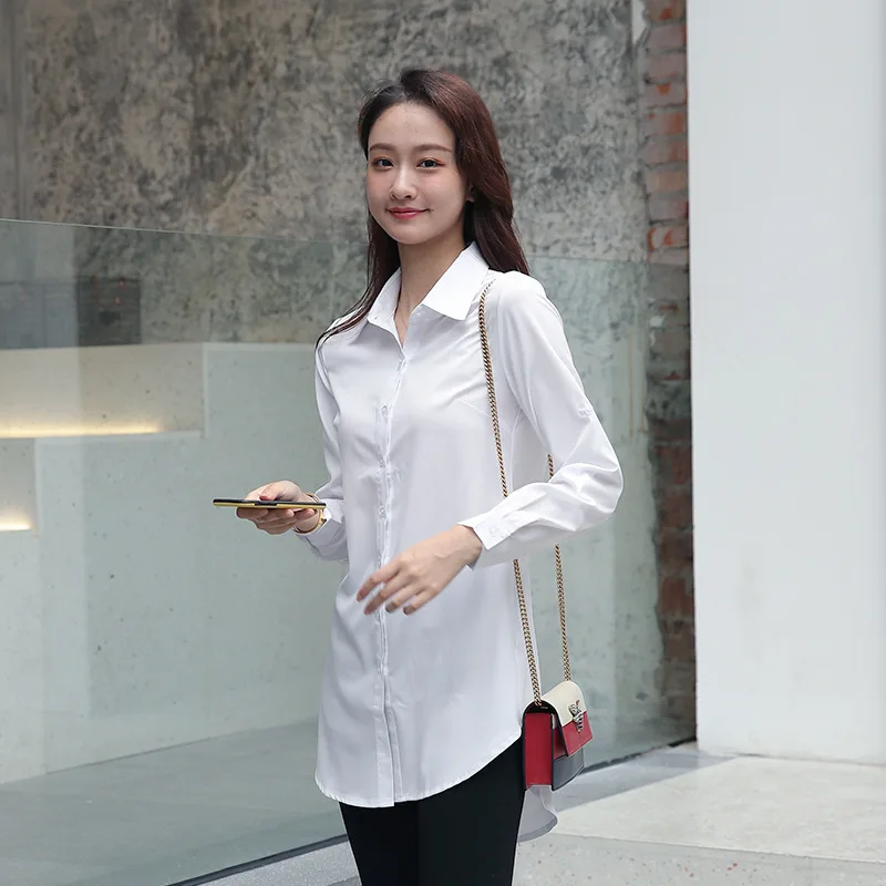 Mid Length Women Shirt Korean Fashion Womens Tops BF Sexy Shirt Long Sleeve Blouse Women Autumn Female Clothes White Shirt Women