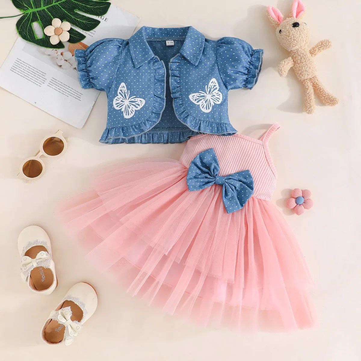 New girls bow suspender  set spring and summer Korean version mesh two-piece set children's princess skirt