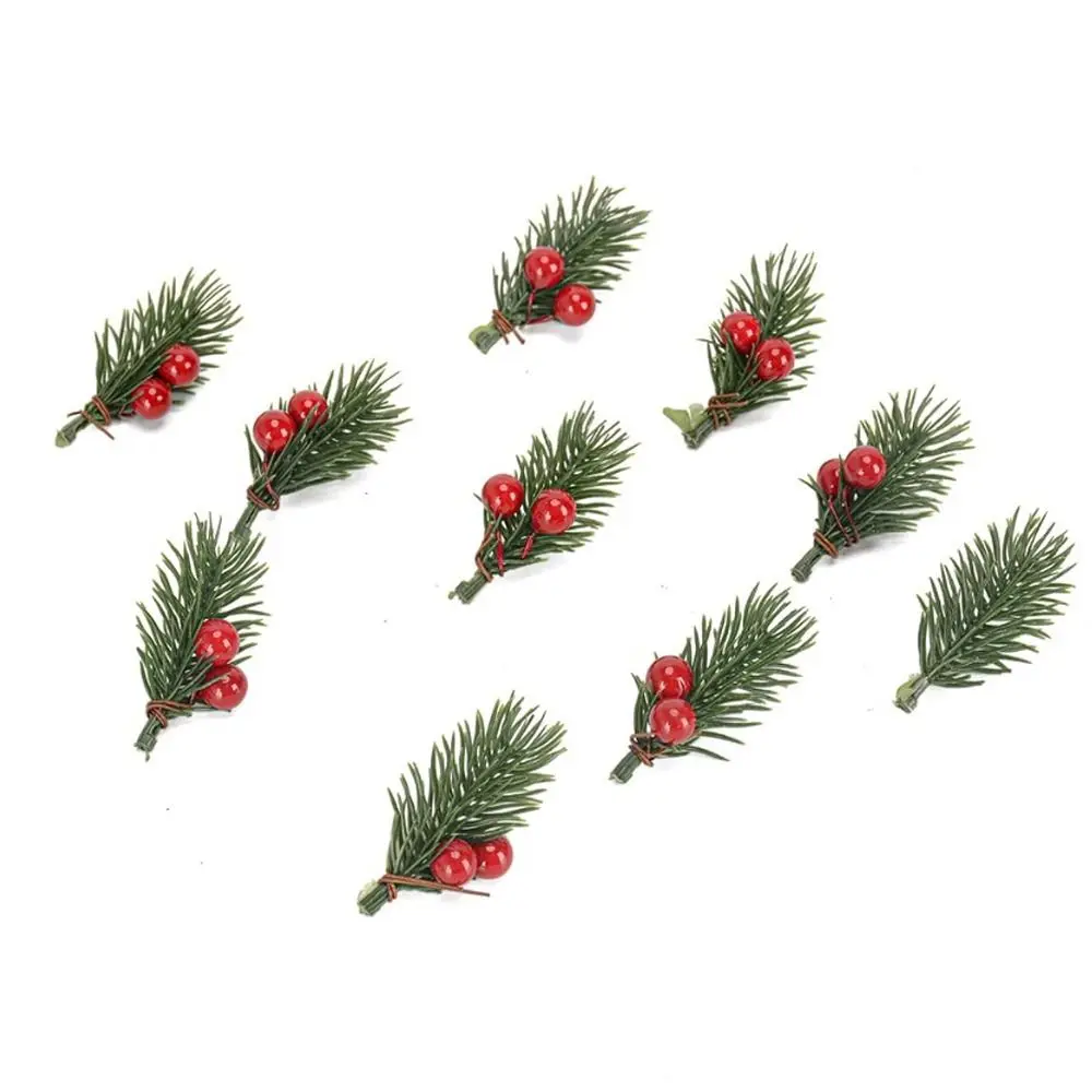 

10pcs Mini Artificial Pine Branches Handcraft Handmade Christmas Pine Plants Realistic Elegant Artificial Red Berries Branches