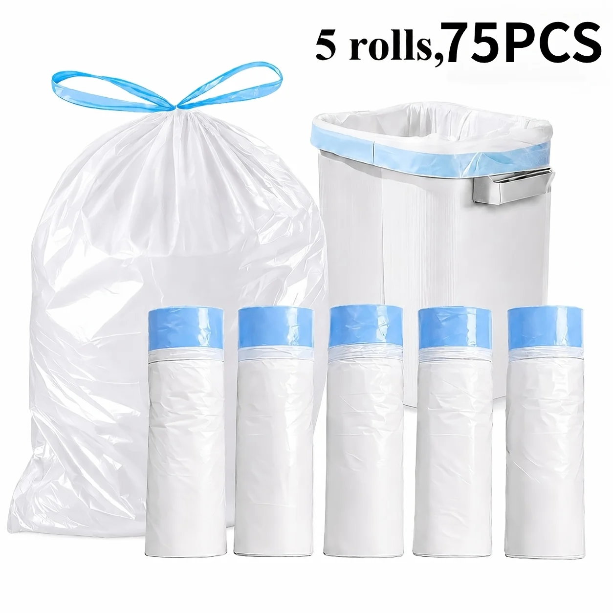 5 Rolls 75Pcs 2.64-3.96 Gallon Drawstring Trash Bags, Thick Leakproof Odor Block Tear Resistant Garbage Bags for Home Office Pet