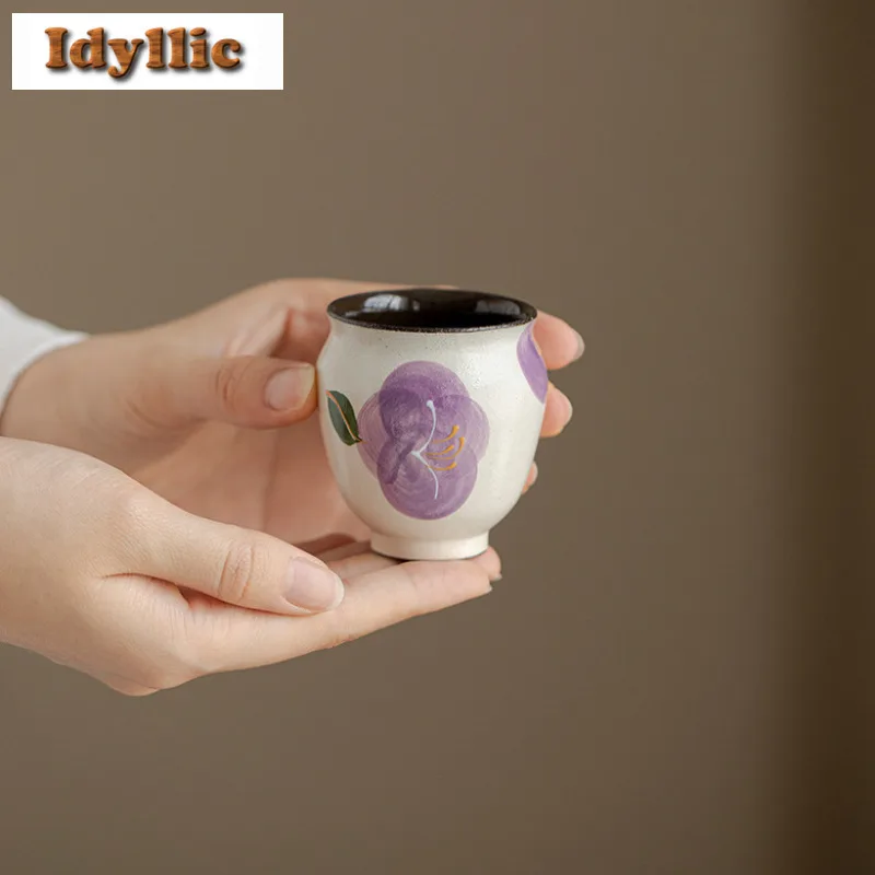 

2pc/lot Powder Yin Hand-painted Camellia Teacup Ancient Tea Bowl Mug Tea-tasting Personal Cup Jianzhan Master Cups Cha Gift 80ml