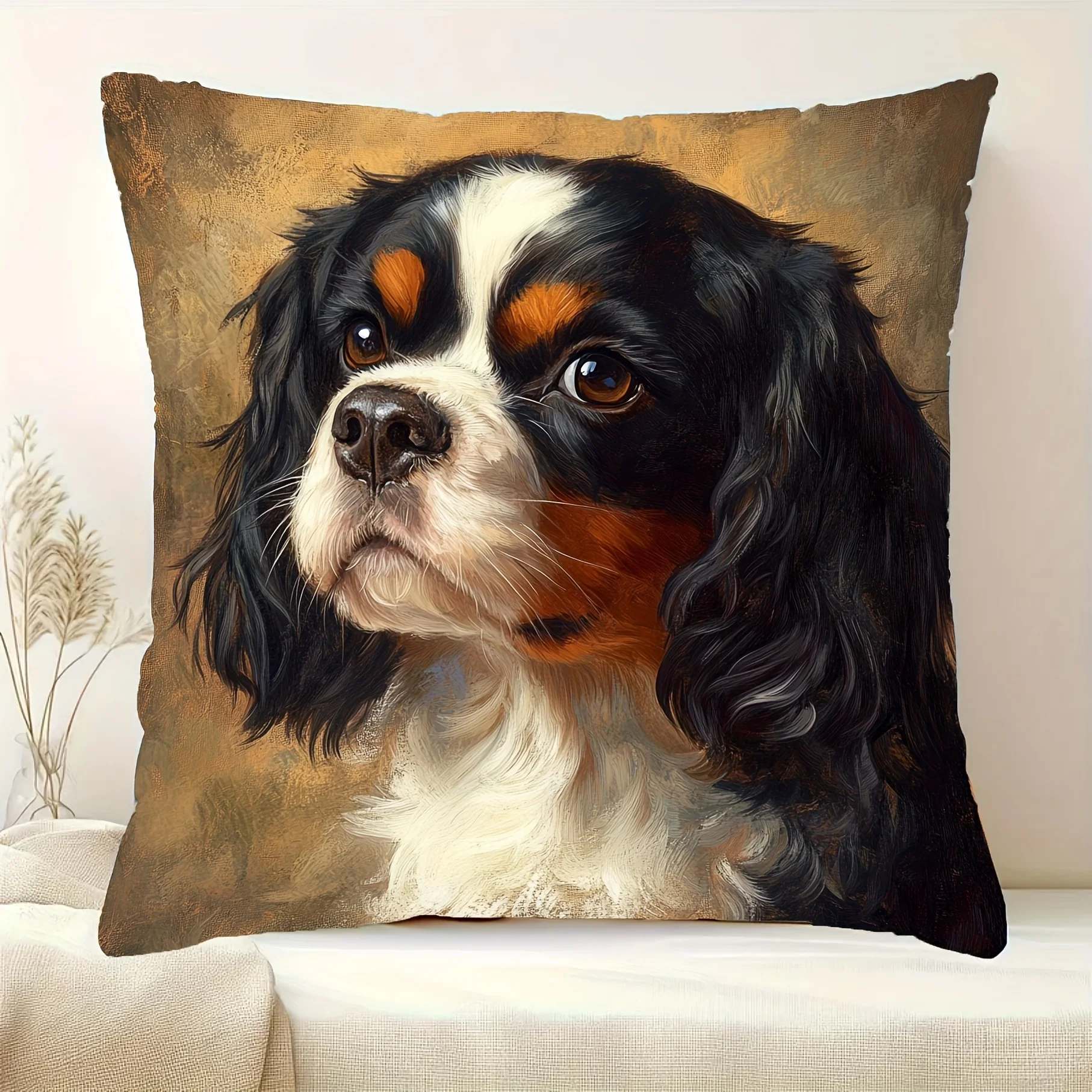 1 Stück Cavalier King Charles Spaniel Kissenbezug, Polyester, 2D-doppelseitiger Druck, Ölgemälde, Hundeporträt-Kunst, Haustierliebhaber Home D