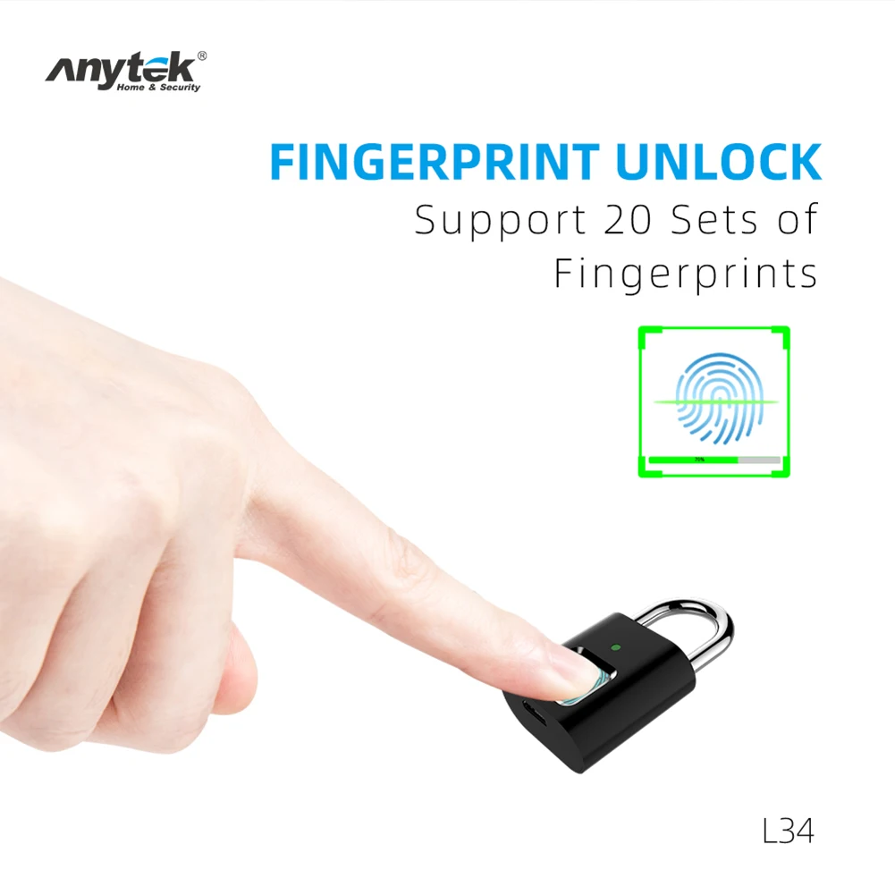 Anytek L34 Smart Fingerprint Padlock Mini Security USB Rechargeable Keyless Lock for Door Locker Bag Suitcase