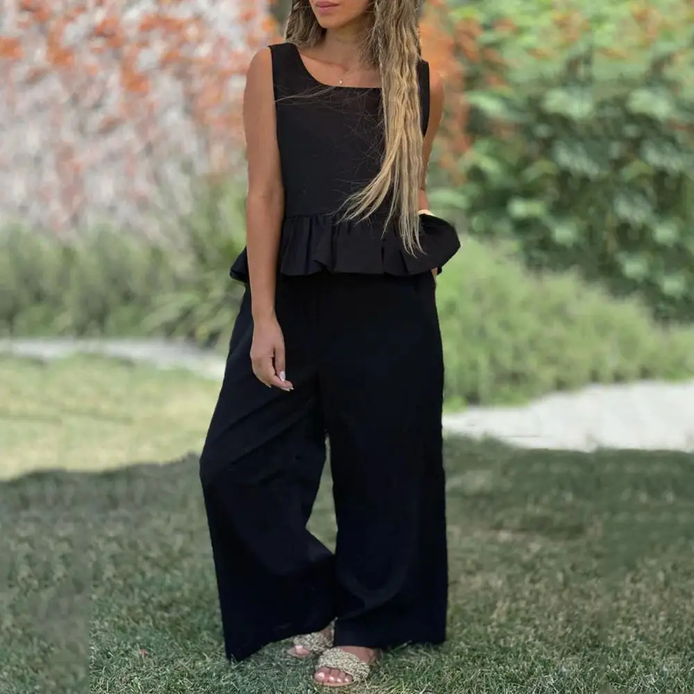 Women Trousers Set Chic Pleated Ruffle Women's Top Pants Set Sleeveless Loose Vest Wide Leg Trousers with Side Pockets for Daily