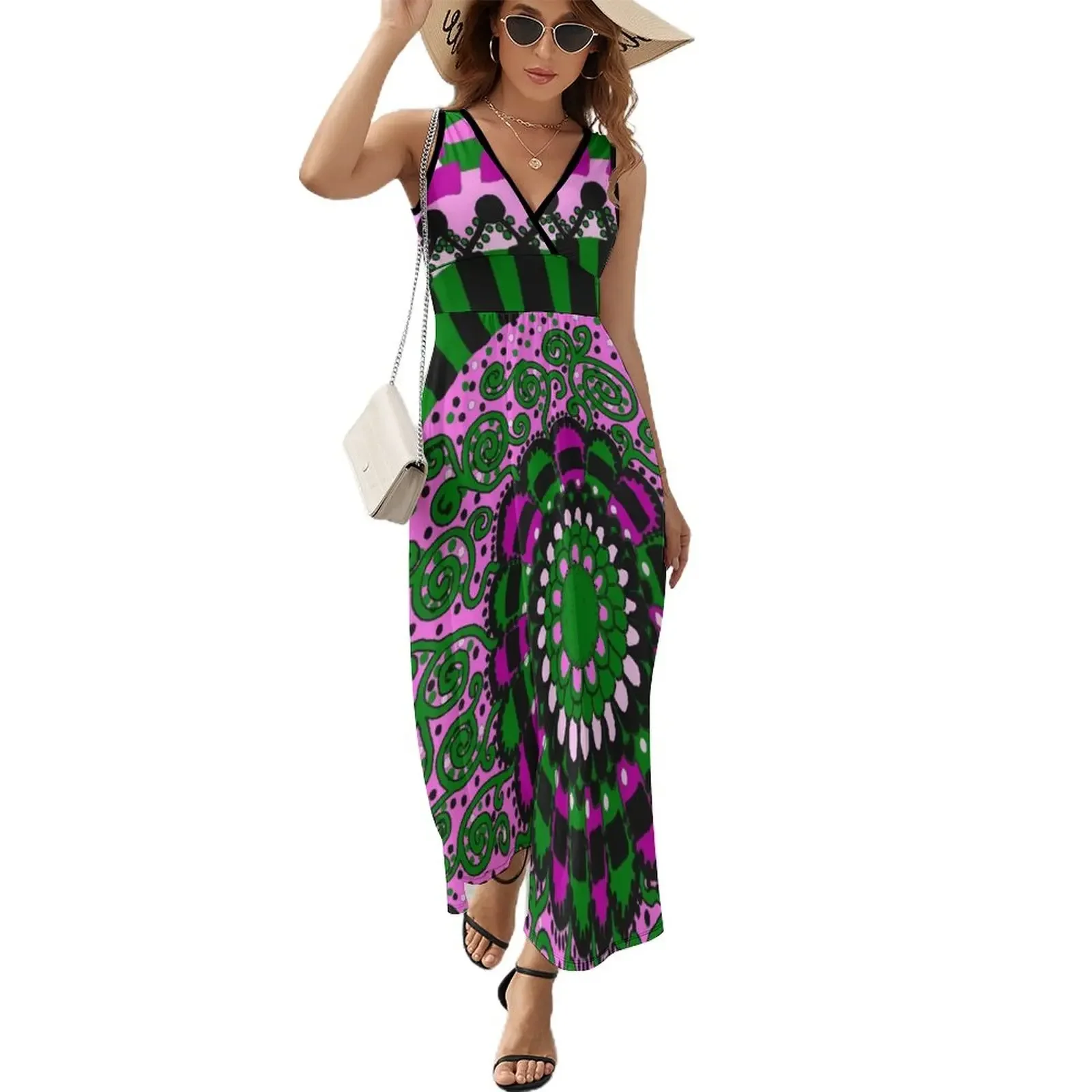 

Pink and Green Mandala Sleeveless Dress luxury evening dress woman for wedding dress summer elegant