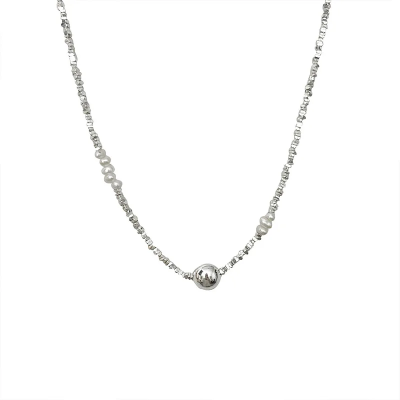 

S925 Sterling Silver Freshwater Pearl with Broken Silver Short Necklace Women's ins Light Luxury Style Collar Chain