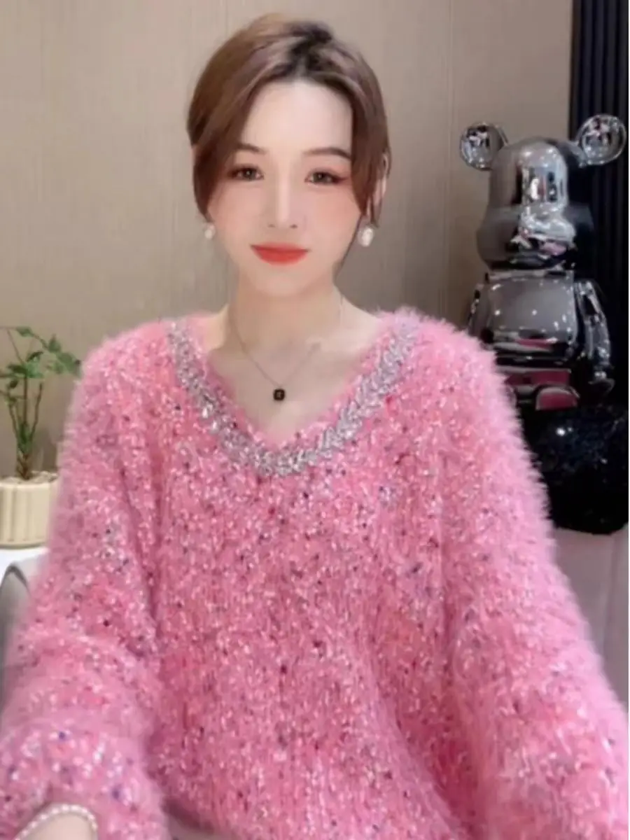 

Korean Sle Glitter Diamond Polka Dot Splice Soft Sweater Women's Autumn Winter New Faion Personali Knitted Top